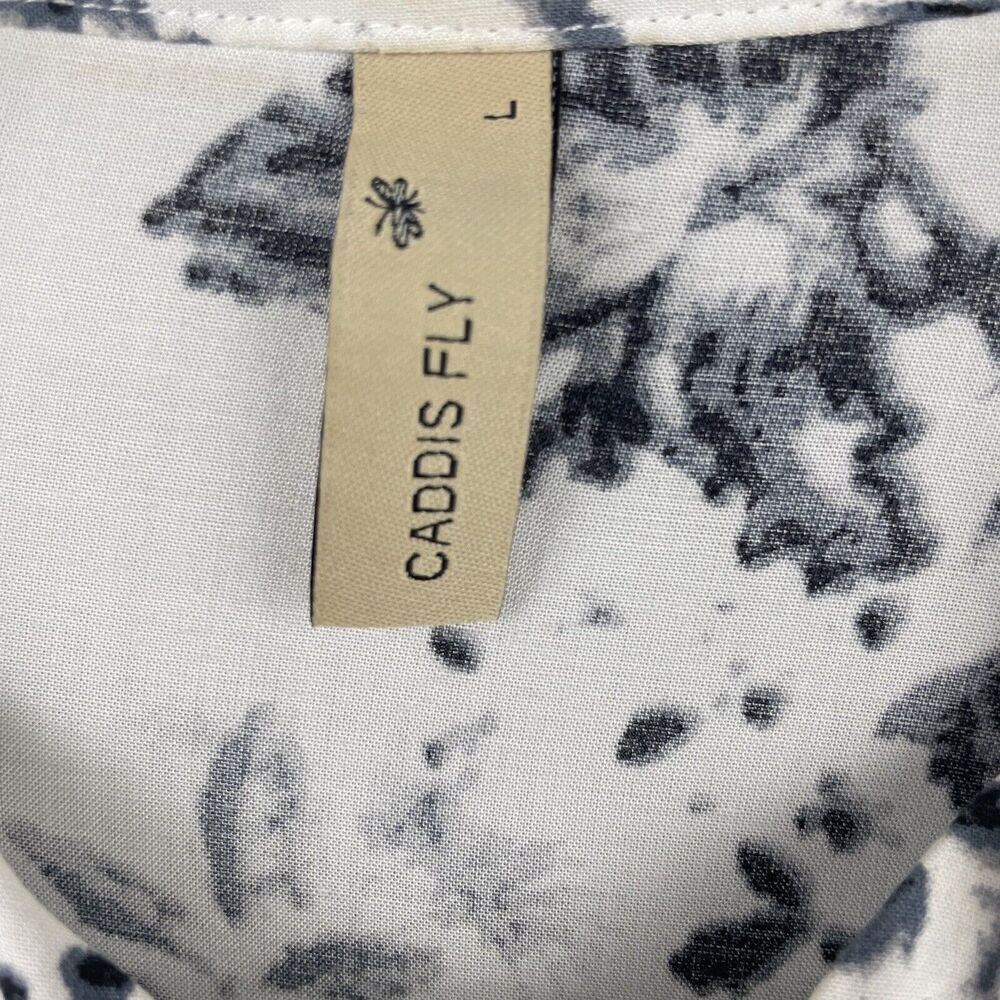 Caddis Fly Popover Tunic Top Womens L Gray White Floral Blouse Butterfly Classic - Picture 3 of 9